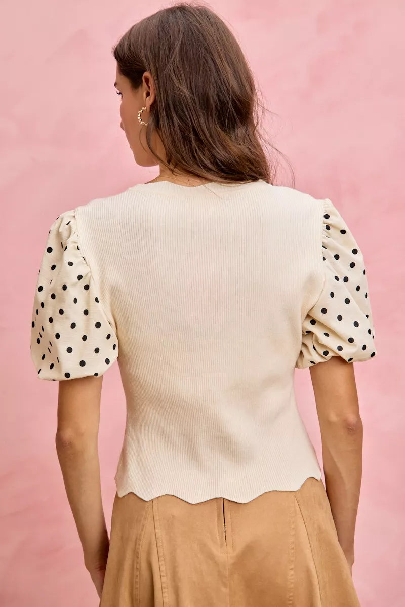 SO ME Polka Dot Contrast Woven Ballon Sleeve Blouse Trendsi