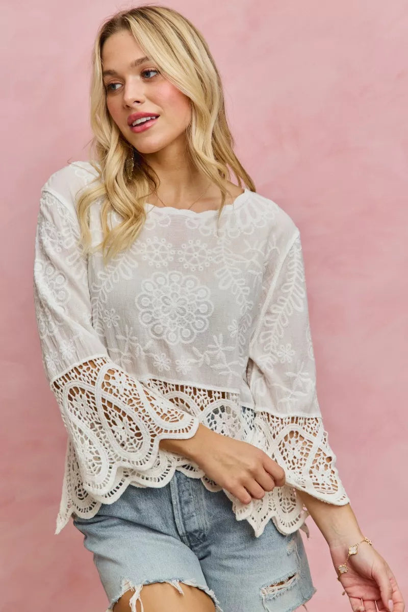 Floral Embroidered Crochet Lace Trimmed Top So Me