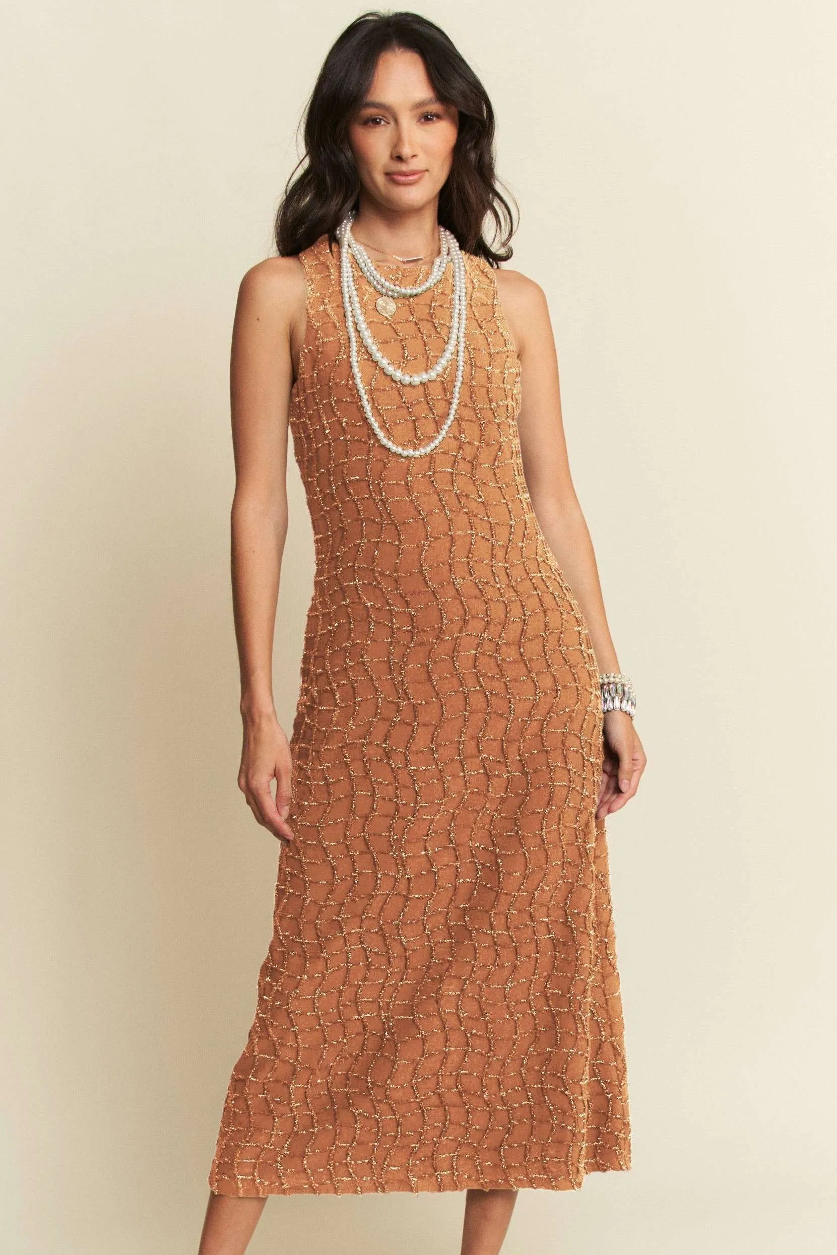 Golden Textured Zippered Midi Dress Davi & Dani BROWN S