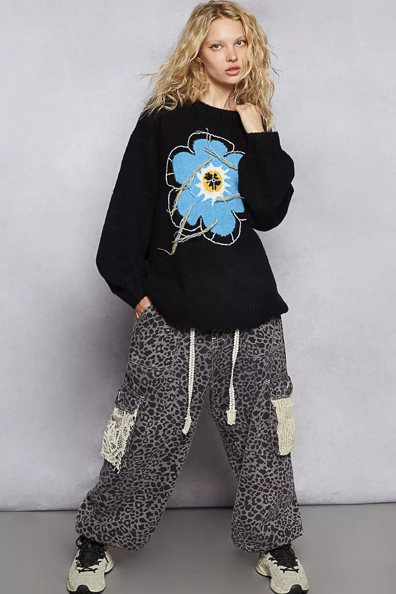 Floral Pattern Round Neck Sweater with Exposed Stitching POL