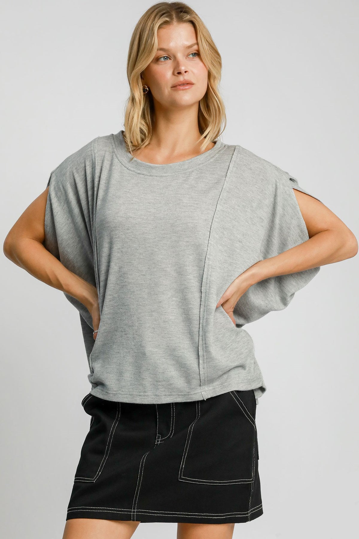 Exposed Seam Round Neck Batwing Sleeve Knit Top Umgee Gray S