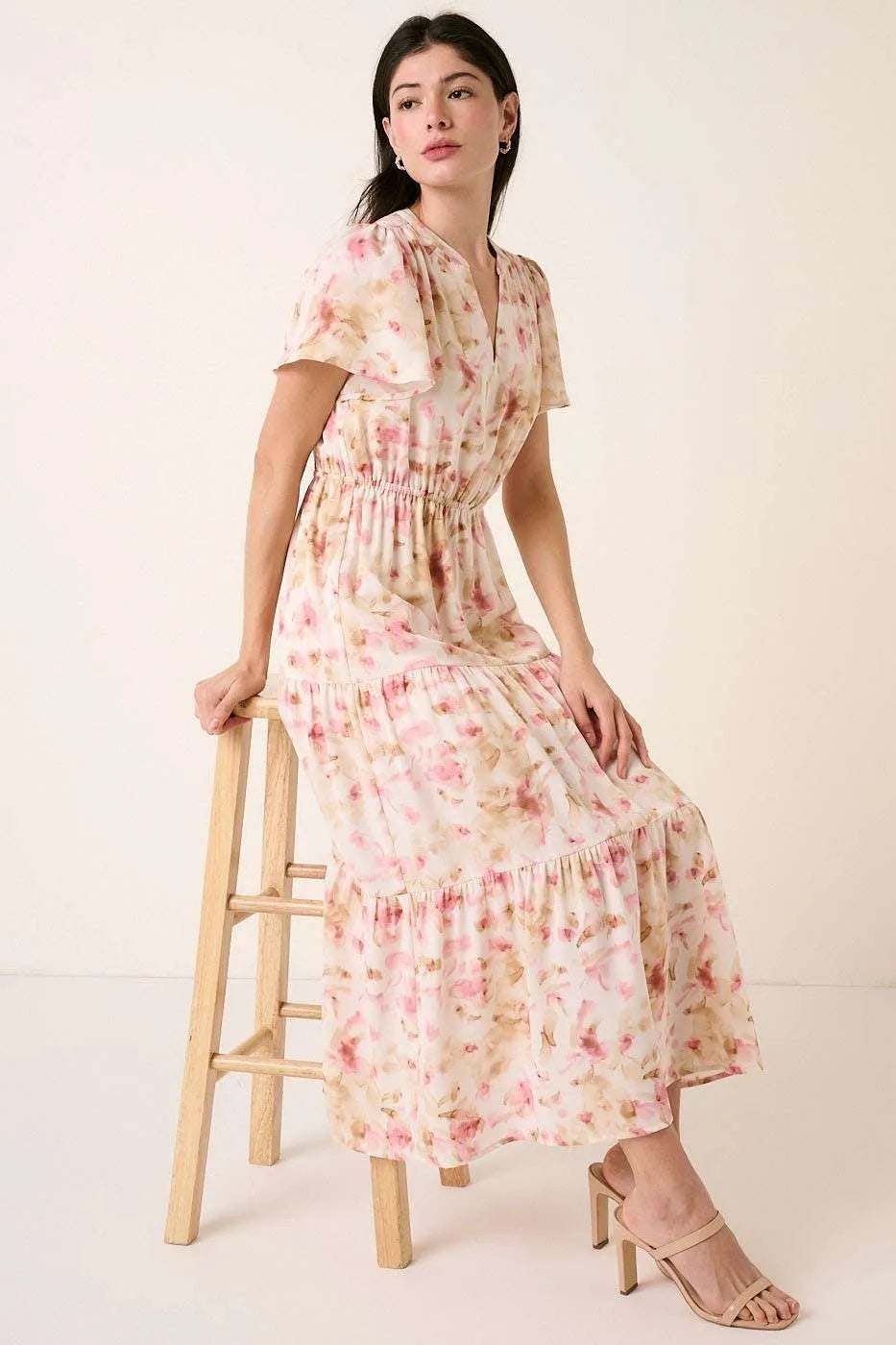Flower Print Flutter Sleeve V Slit Maxi Dress Mittoshop PINK S