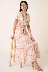 Flower Print Flutter Sleeve V Slit Maxi Dress Mittoshop PINK S