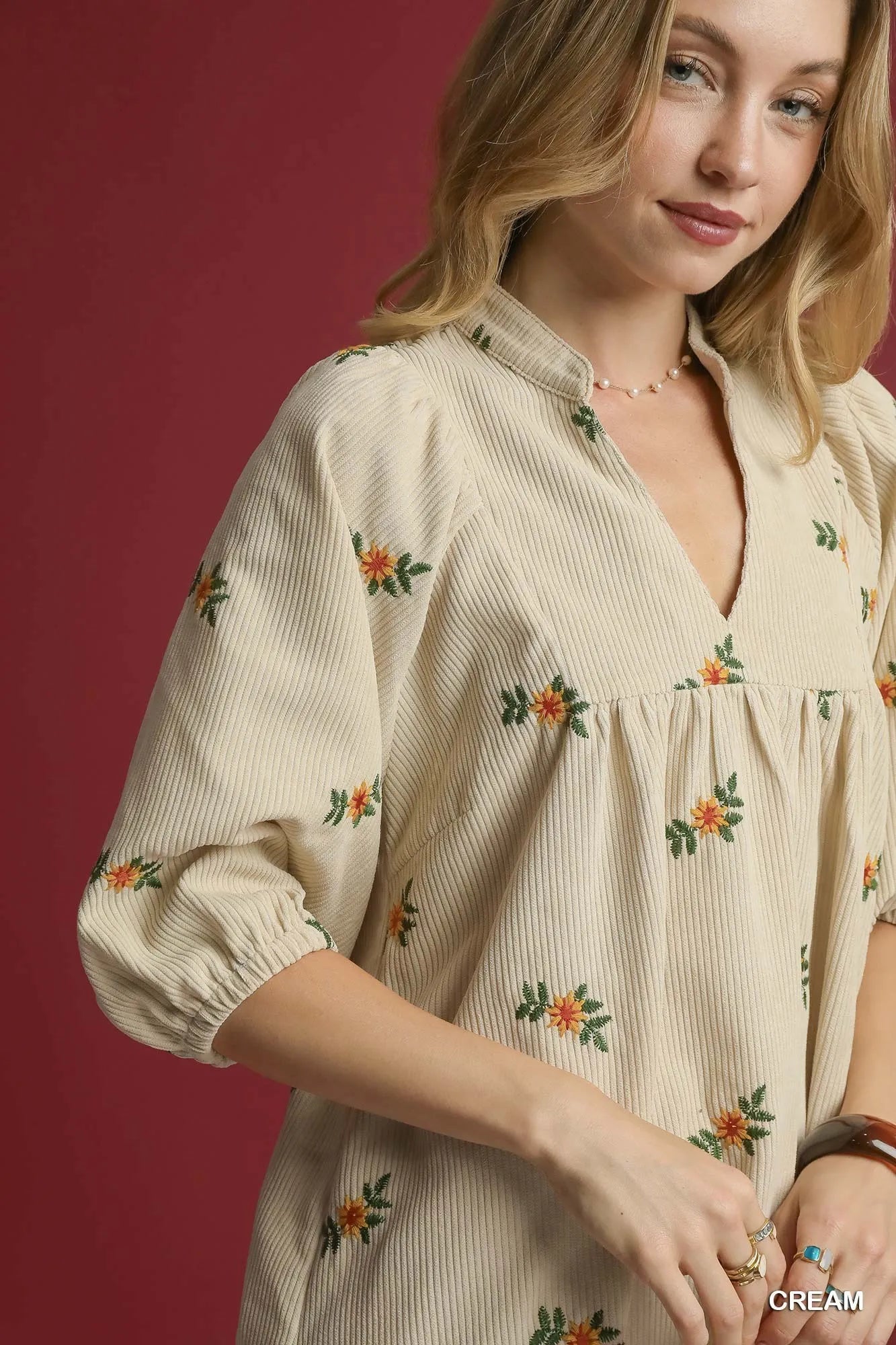 Umgee Corduroy Babydoll Dress with Floral Embroidery Trendsi