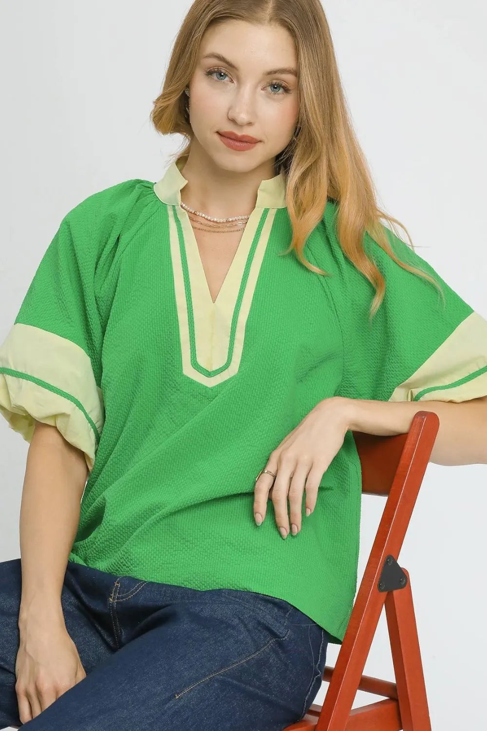 Contrast Trim Notched Puff Sleeve Blouse Umgee