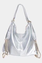 Faux Leather Hobo Bag with Gold Chain Detail Fame Silver One Size 