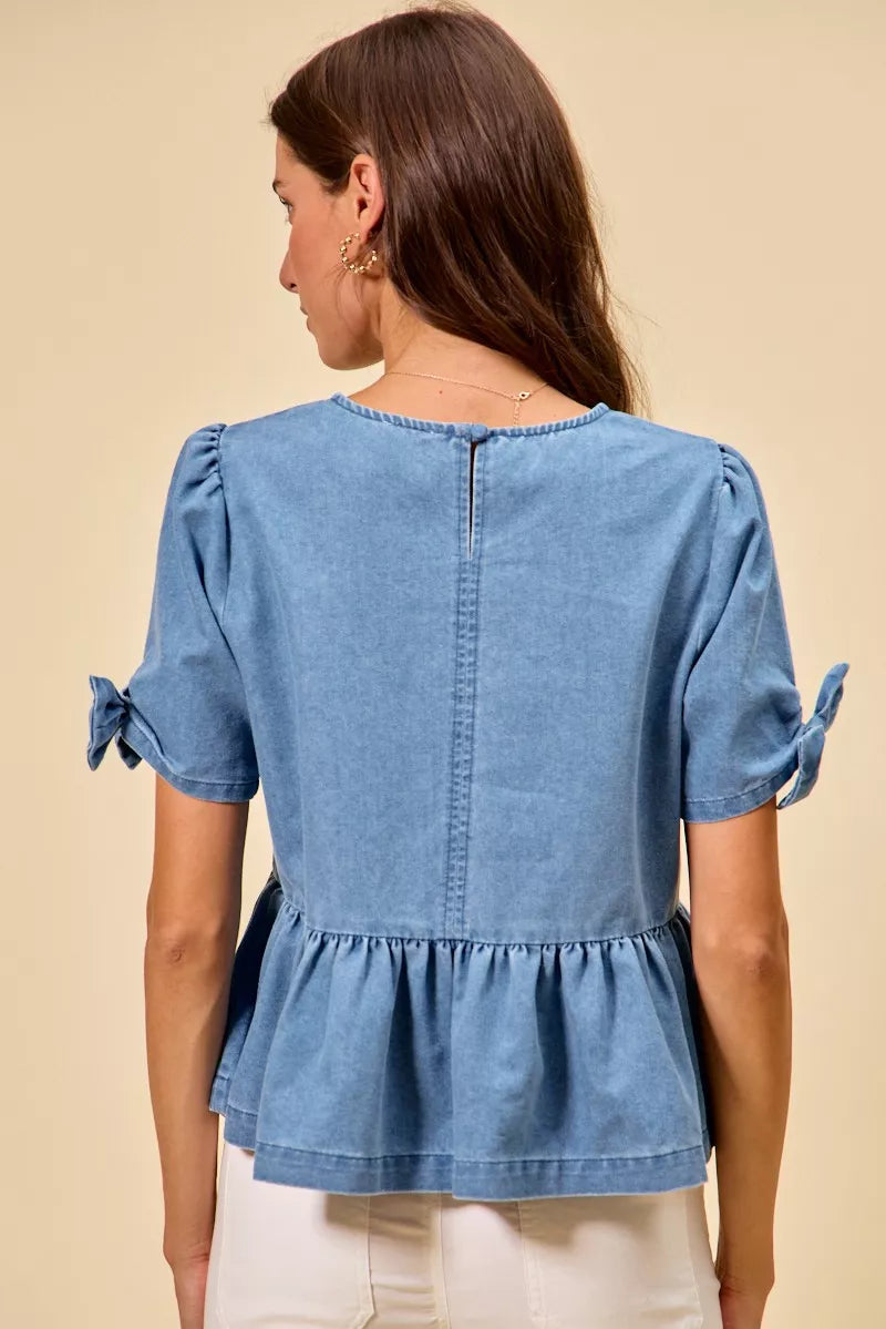 Denim Bow Detail Short Sleeves Peplum Top So Me