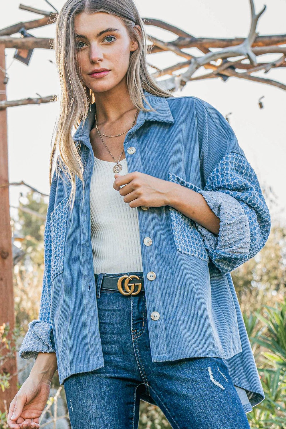 Button Down Corduroy Contrast Texture Long Sleeve Shacket And the Why Blue S 