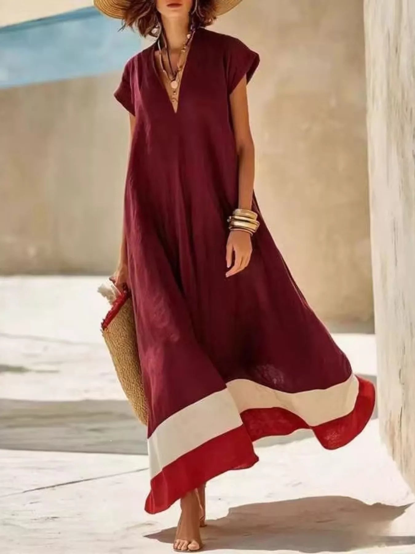 Color Block Hem V-Neck Maxi Dress Simmer & Fay Red S
