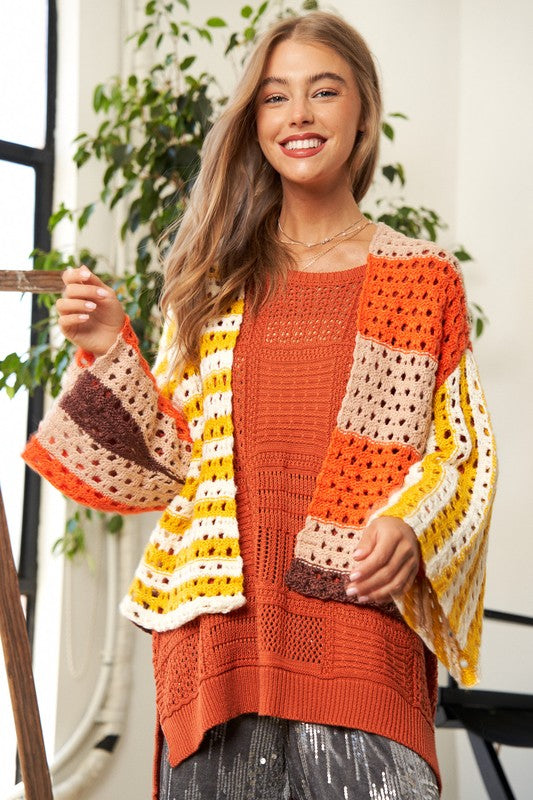 Openwork Open Front Striped Cardigan Davi & Dani YELLOW ORANGE S