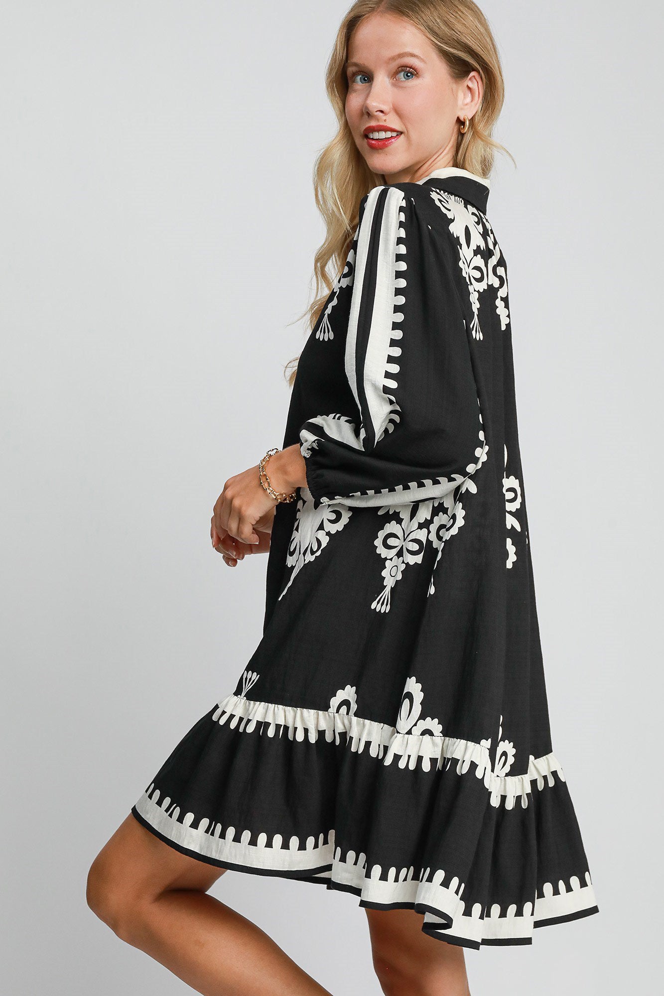 Border Print Button Down Ruffled Hem Dress Umgee