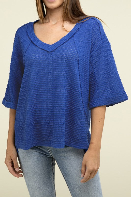 Brushed Waffle Relaxed 3/4 Sleeve Top ZENANA LT NAVY S/M 