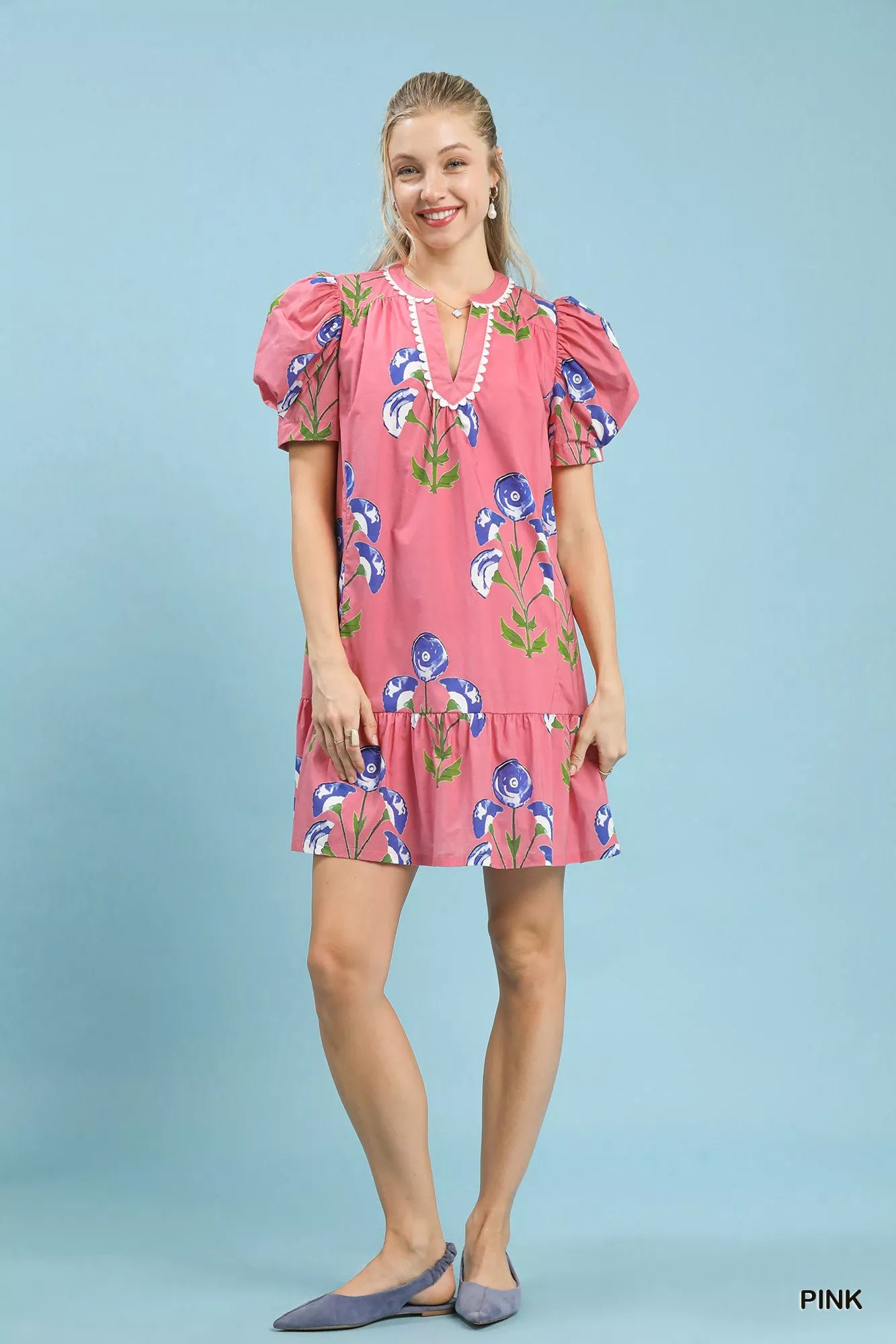 Floral Print Puff Sleeve Mini Dress with Scallop Trim Umgee