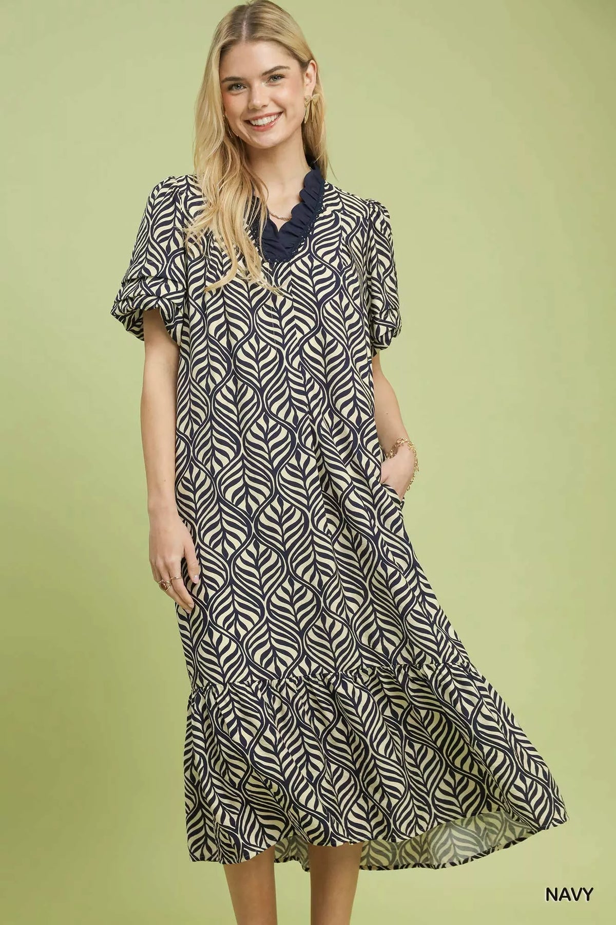 Umgee Leaf Print Ruffle Neck Midi Dress Trendsi NAVY S