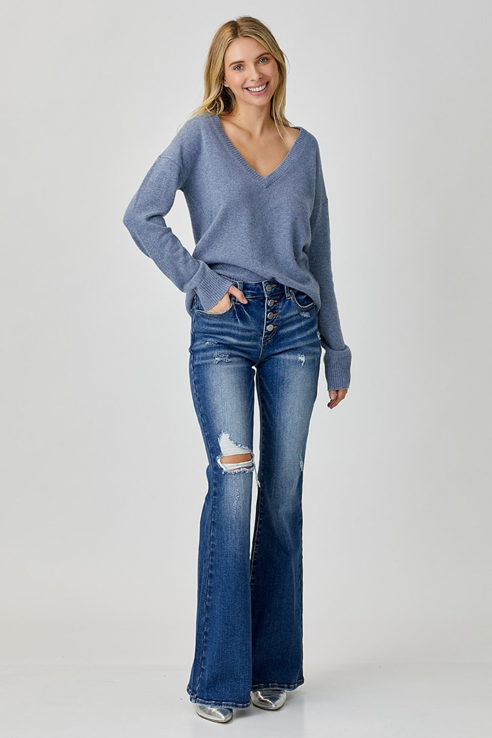 Distressed Button-Fly Flare Jeans Risen   