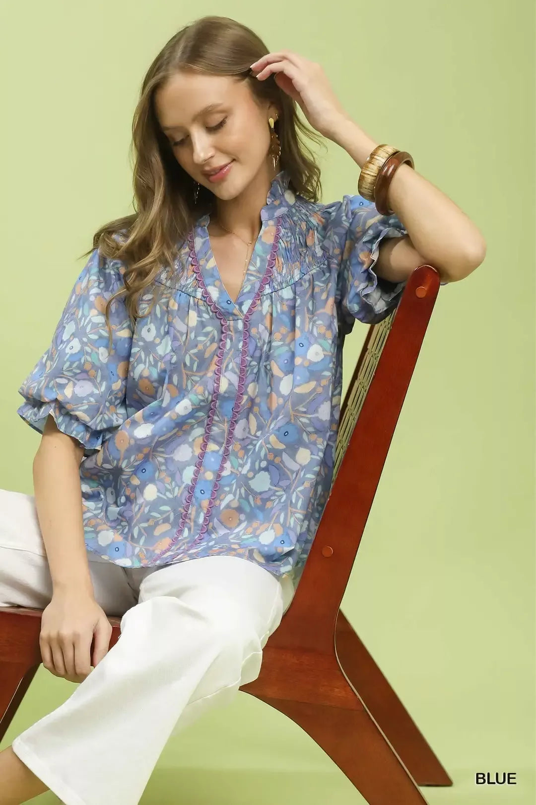 Umgee Smocked Floral Ruffle Trim Top Trendsi