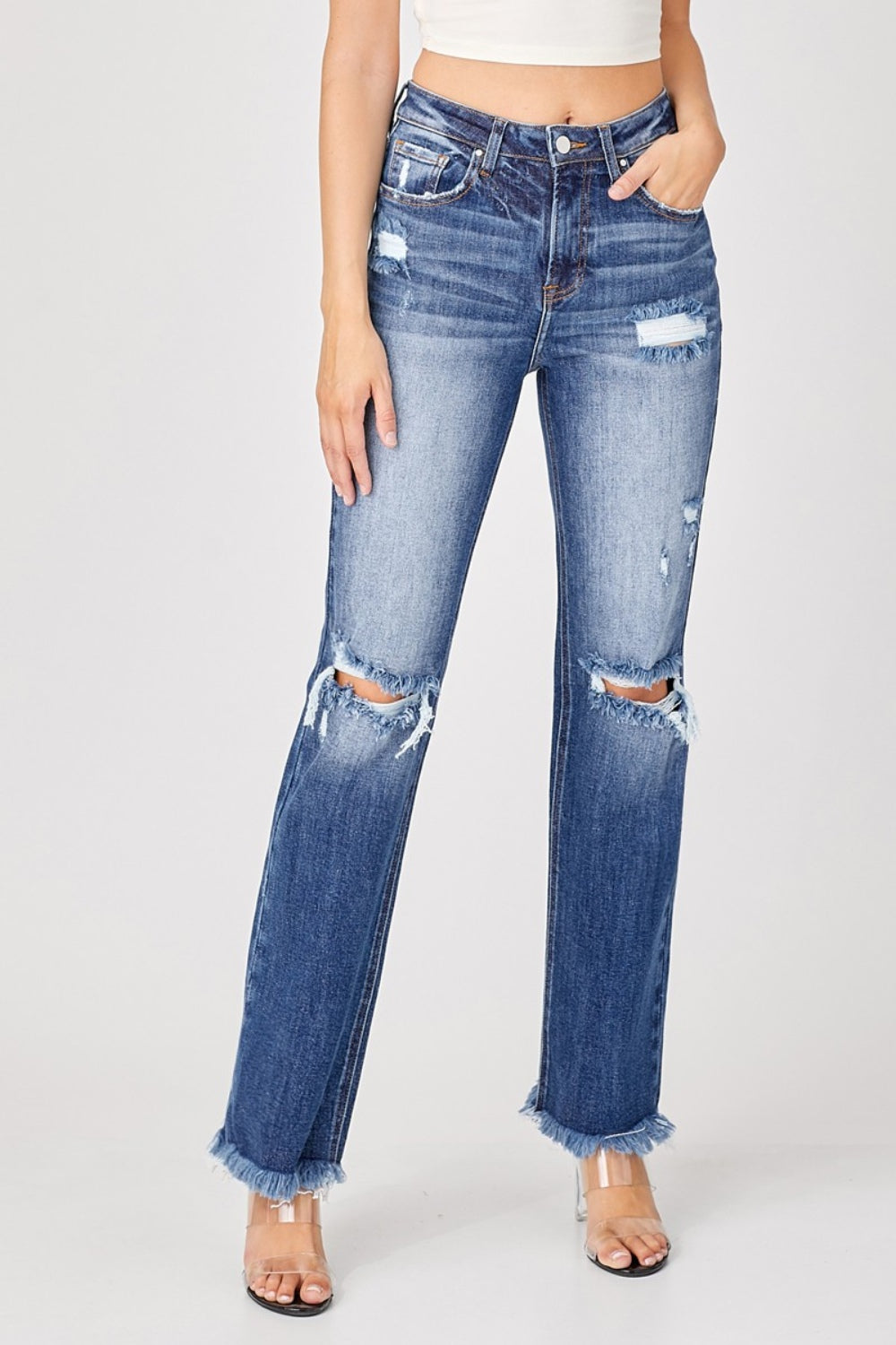 Raw Hem Distressed Straight Jeans Risen   