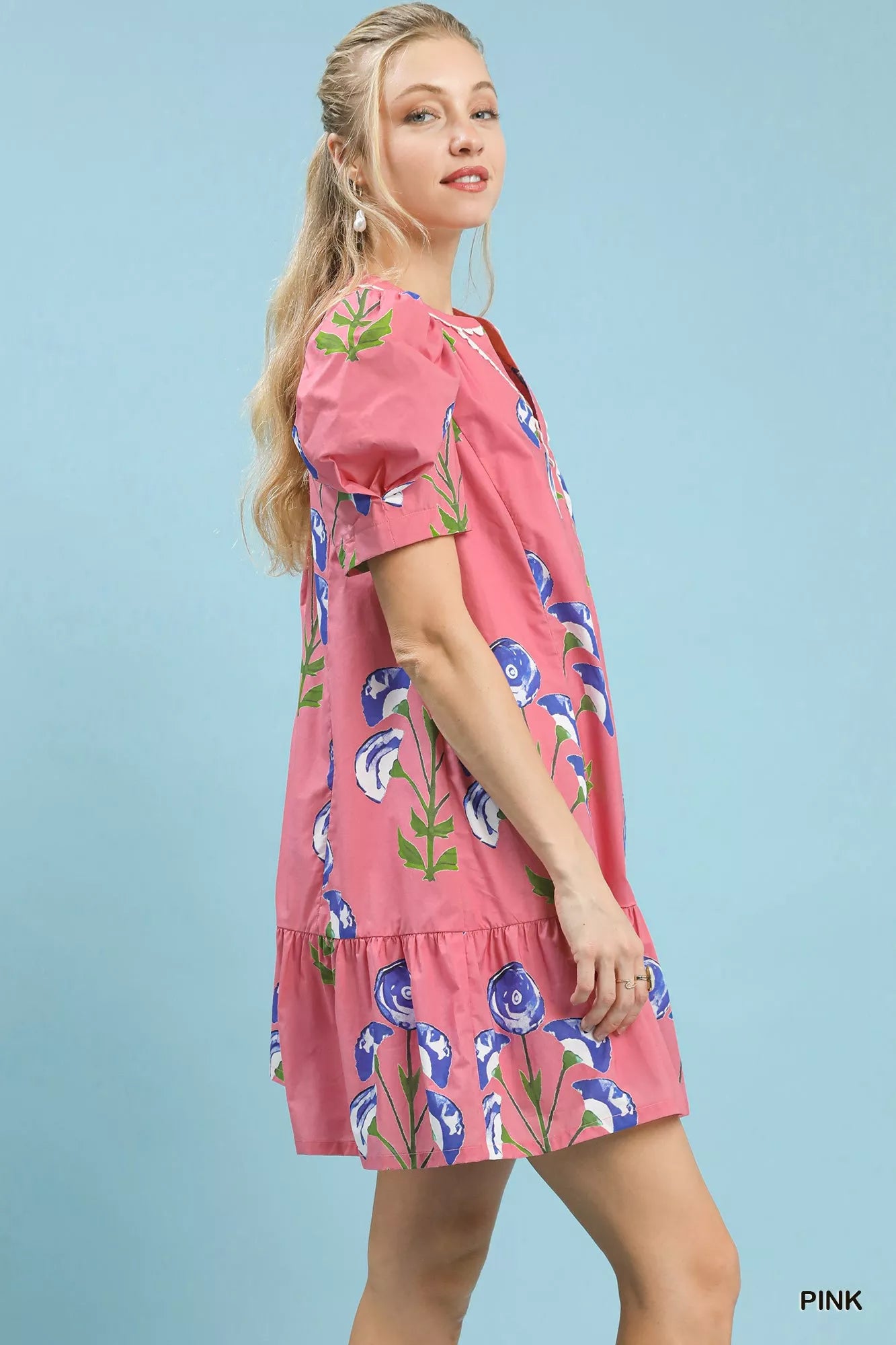 Floral Print Puff Sleeve Mini Dress with Scallop Trim Umgee