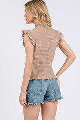 Textured Mock Neck Ruffle Cap Sleeve Blouse Ces Femme