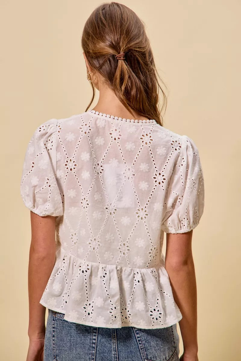 Cotton Eyelet Front Tie Short Sleeves Blouse So Me