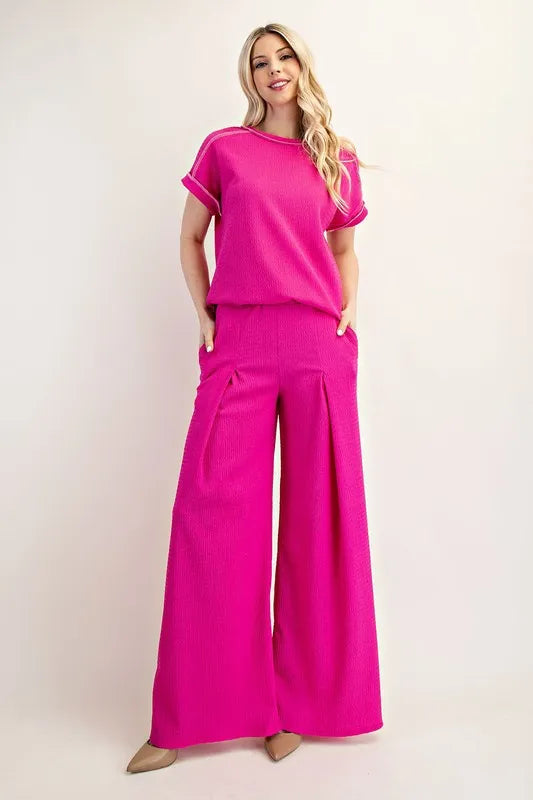 Textured Wide-Leg Pants with Pockets Celeste