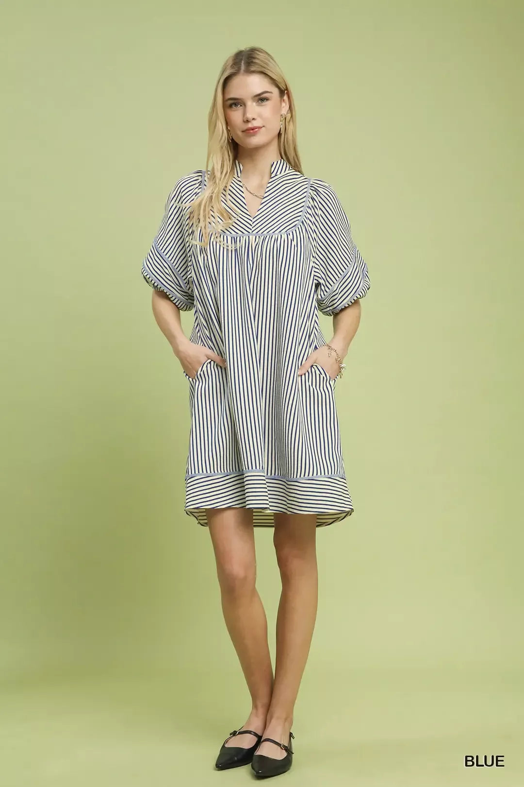 Striped Puff Sleeve Shift Dress Umgee