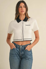 Button Down Contrast Collared Knit Cardigan Mable