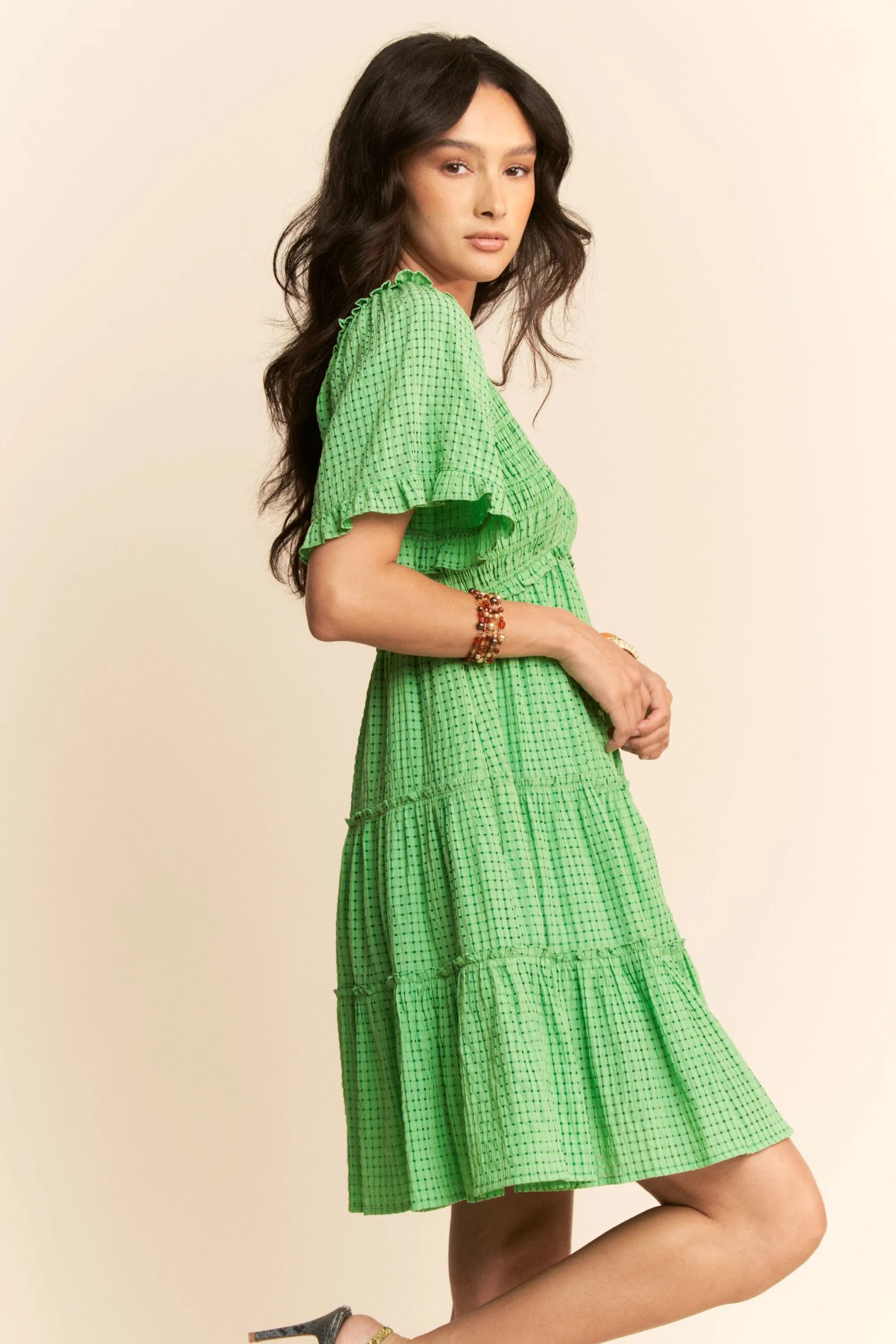 Jacquard Checker Smocking Tiered Dress Davi & Dani