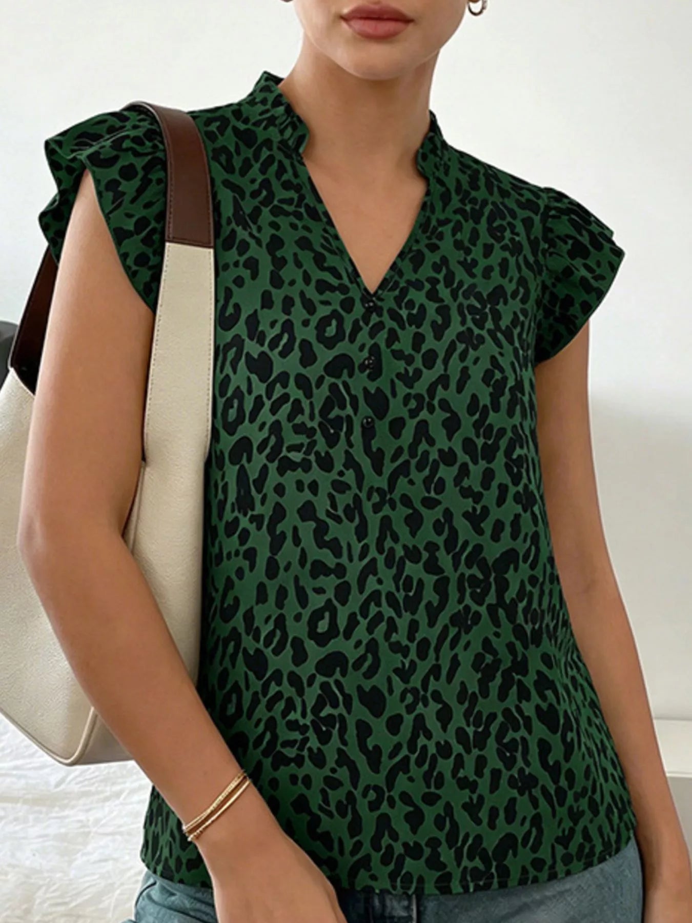 Leopard Print Ruffle Sleeve Blouse Simmer & Fay Green S