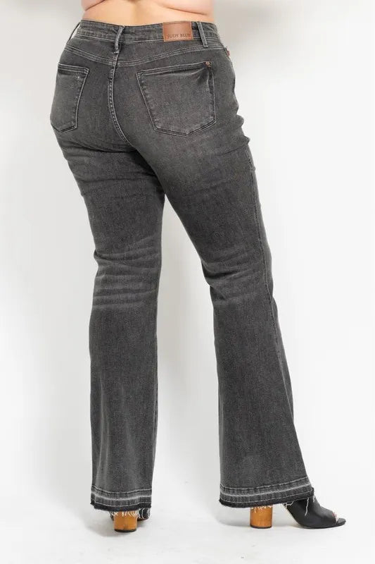 Mid Rise Tummy Control Washed Gray Release Hem Flare Jeans Judy Blue