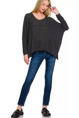 Dolman Sleeve V-Neck Sweater ZENANA