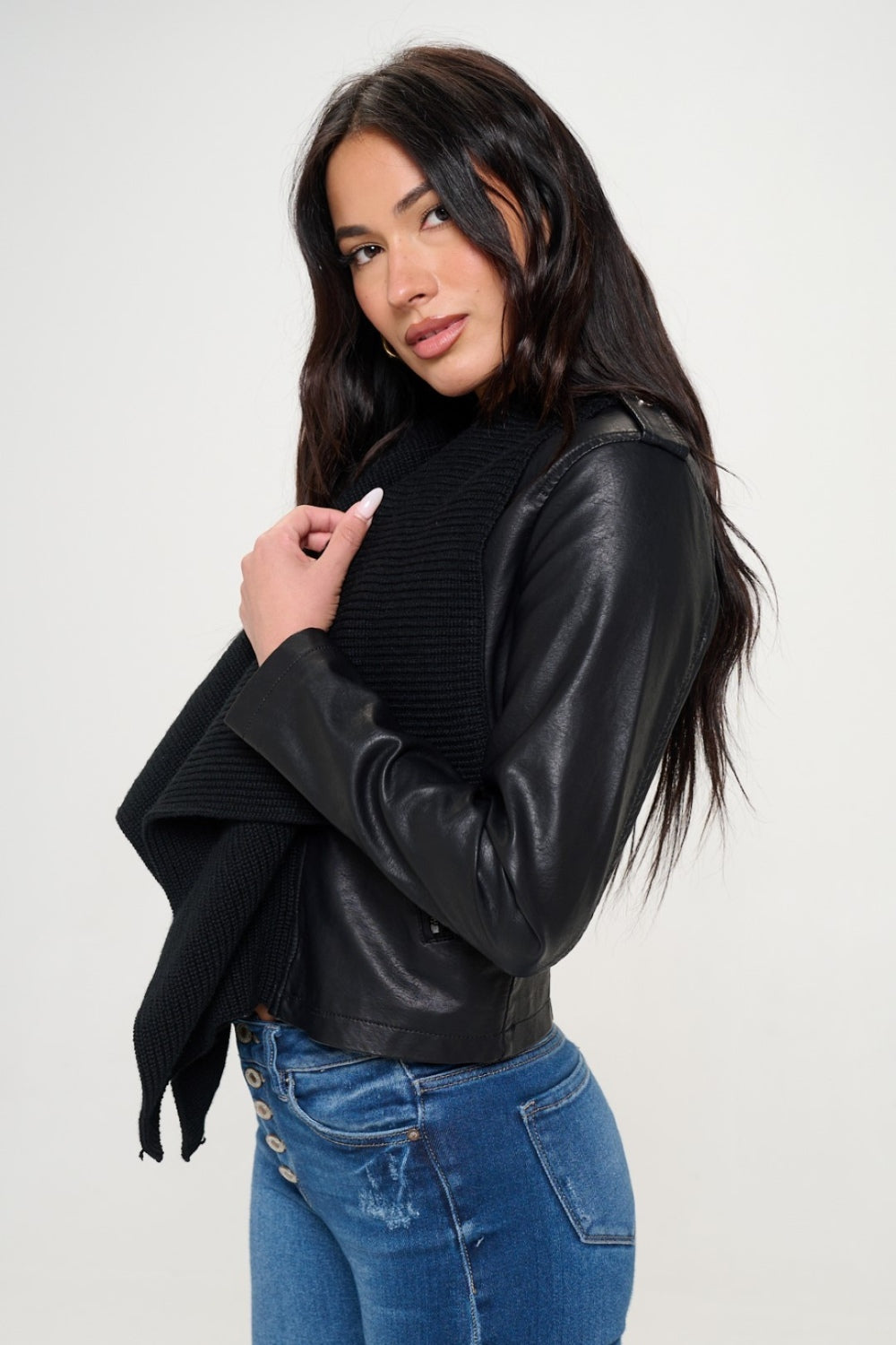 Knit Collared Faux Leather Crop Jacket Coalition LA   