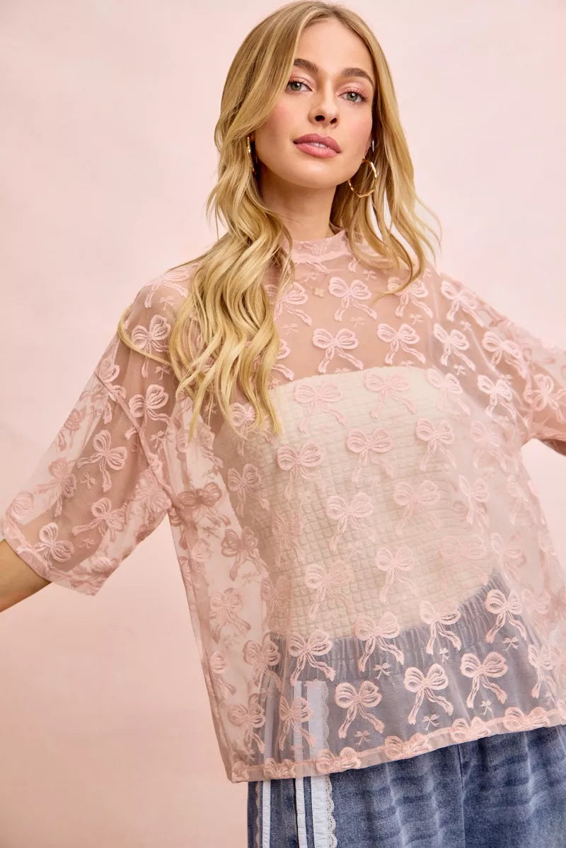 Bow Pattern Short Sleeves Boxy Mesh Top BiBi
