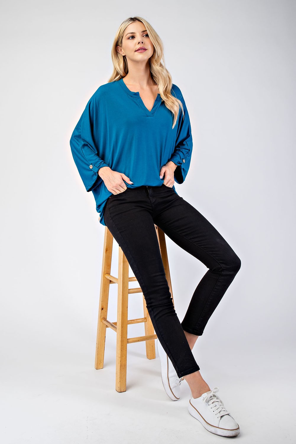 Notched Three-Quarter Sleeve Blouse Celeste   