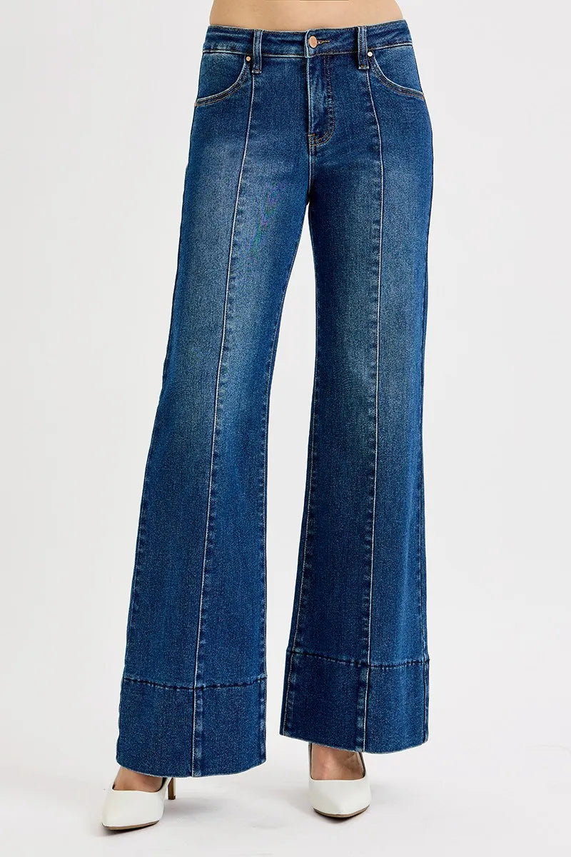 Tummy Control Mid Rise Ankle Wide Flare Jeans With Plus Size Risen DARK 0
