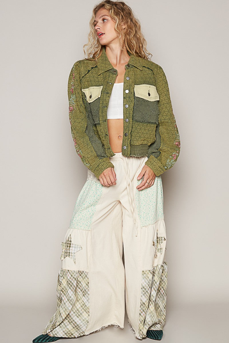 Embroidered Sleeve Raw Edge Quilted Jacket POL   