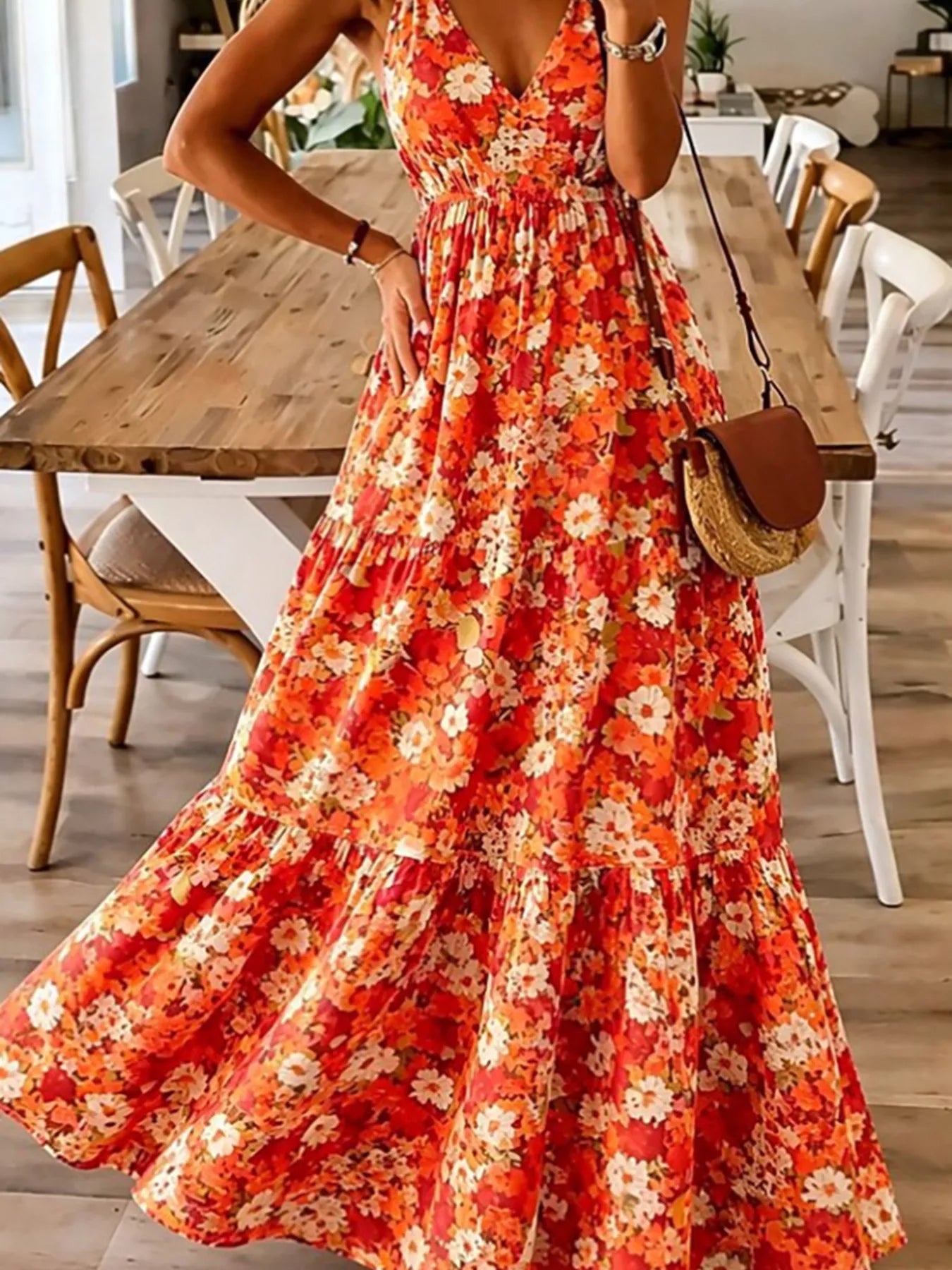 Floral Print Maxi Dress with Spaghetti Straps – Tiered Silhouette Simmer & Fay Orange S