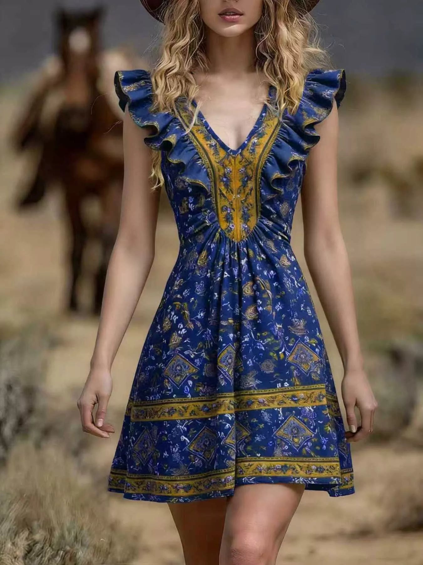 Ruffled V-Neck Mini Dress Simmer & Fay Navy S
