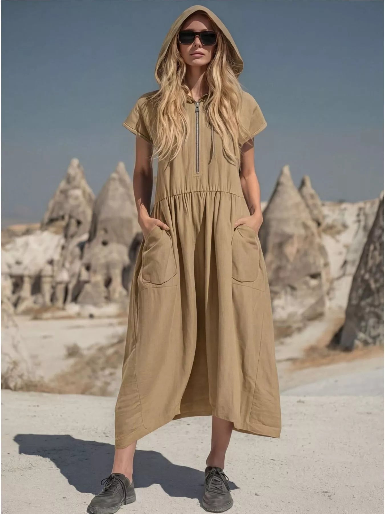 Hooded Midi Dress with Half‑Zip & Pockets – Relaxed Fit (Regular + Plus) Simmer & Fay Khaki S