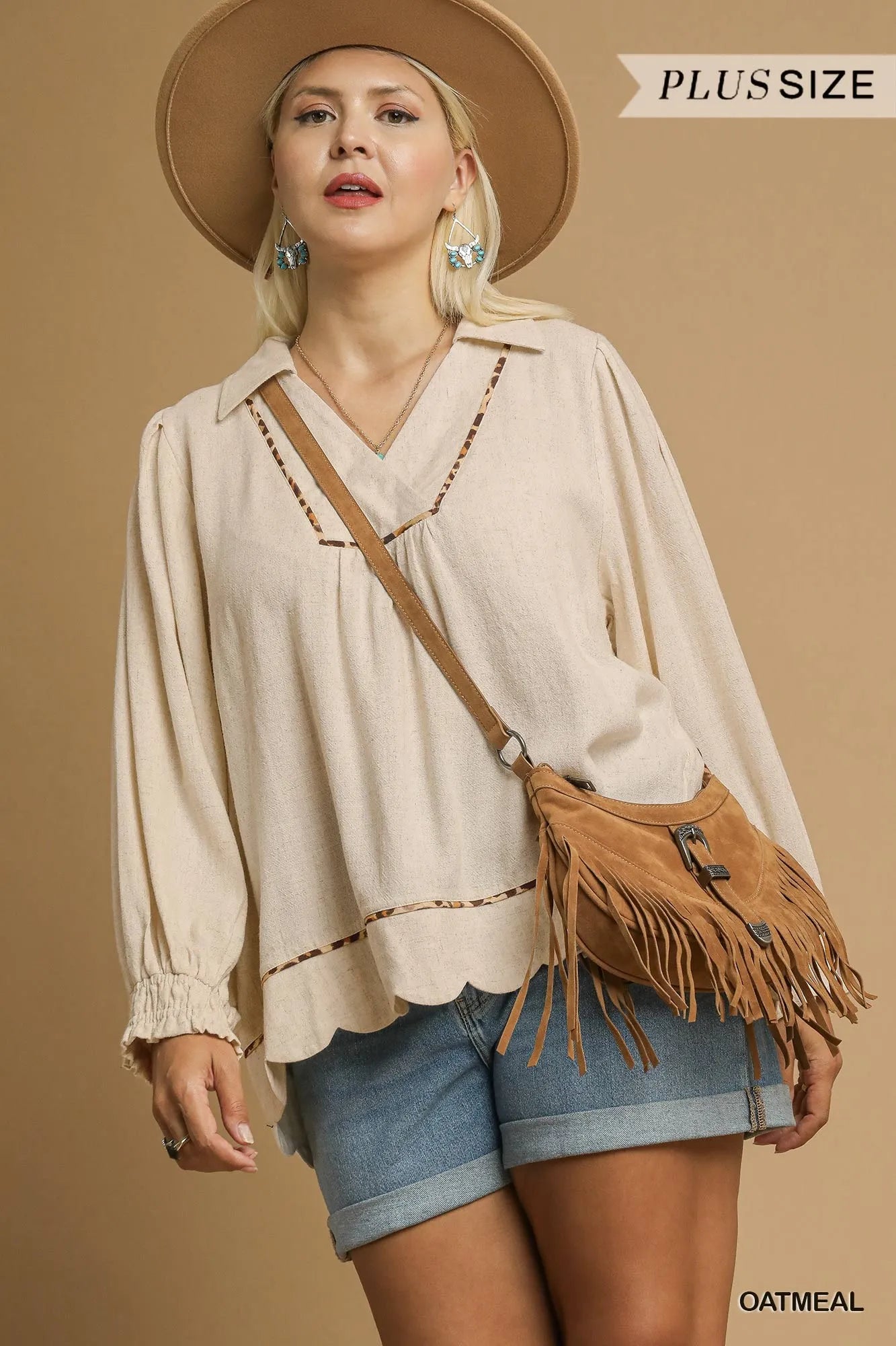 Linen Scallop Hem Blouse with Contrast Trim with Plus Size Umgee