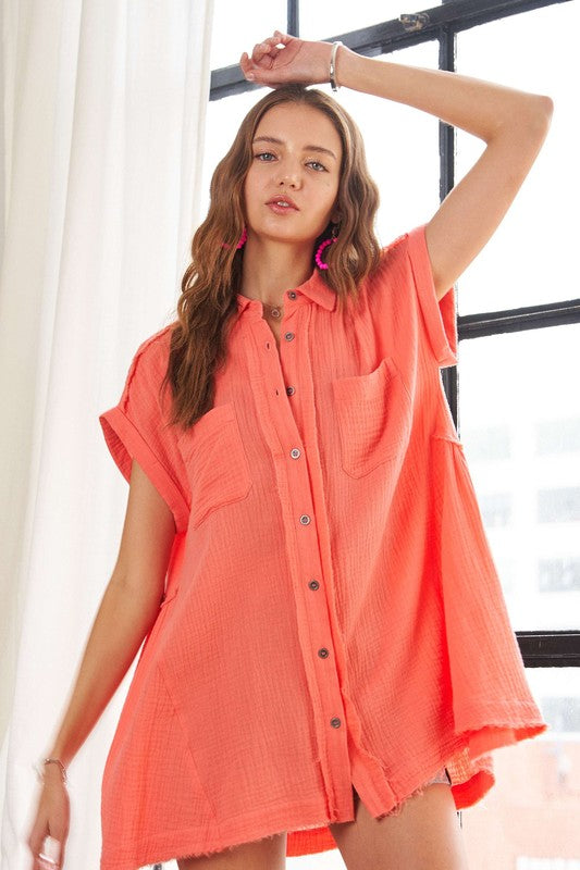 Raw Hem Collared Neck Button Down Shirt Adora Coral S