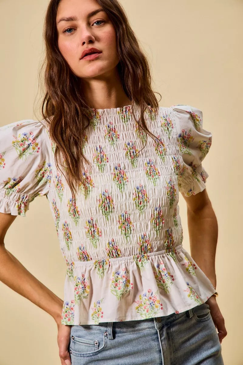Floral Cotton Smocked Short Sleeves Blouse So Me
