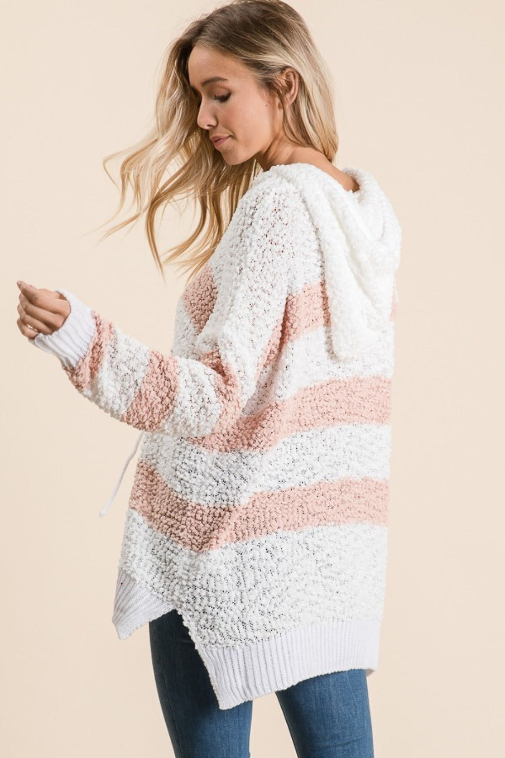 High-Low Striped Popcorn Hoodie Sweater Reborn J   