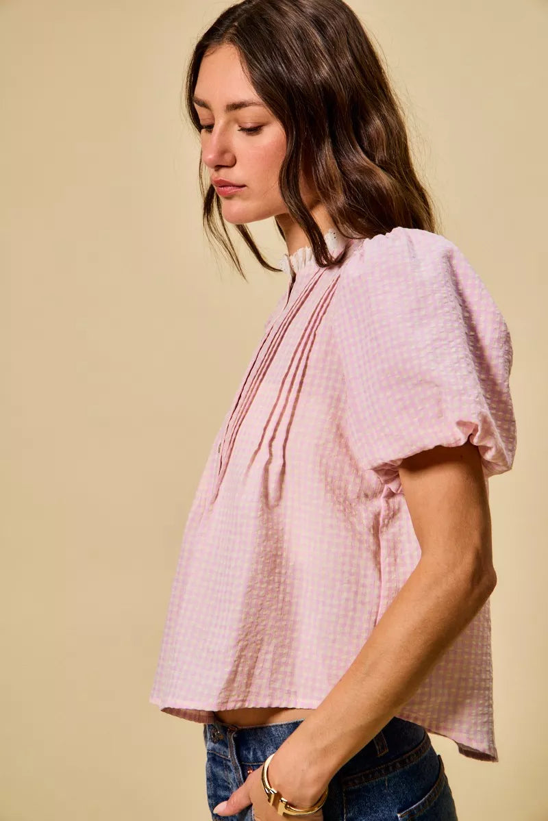 Gingham Lace Trim Button Bubble Sleeves Blouse So Me