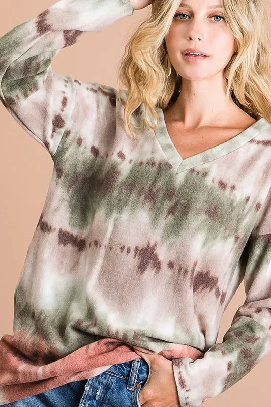 Brushed Tie Dye Looking Print V Neck Top BiBi