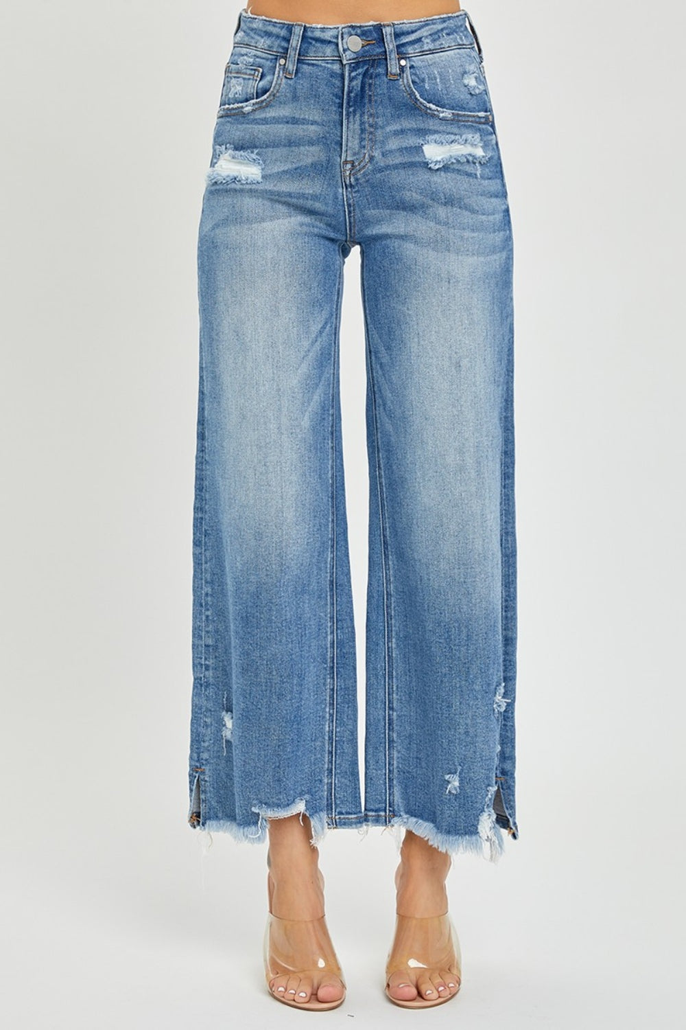 High Rise Side Slit Raw Hem Cropped Jeans Risen   