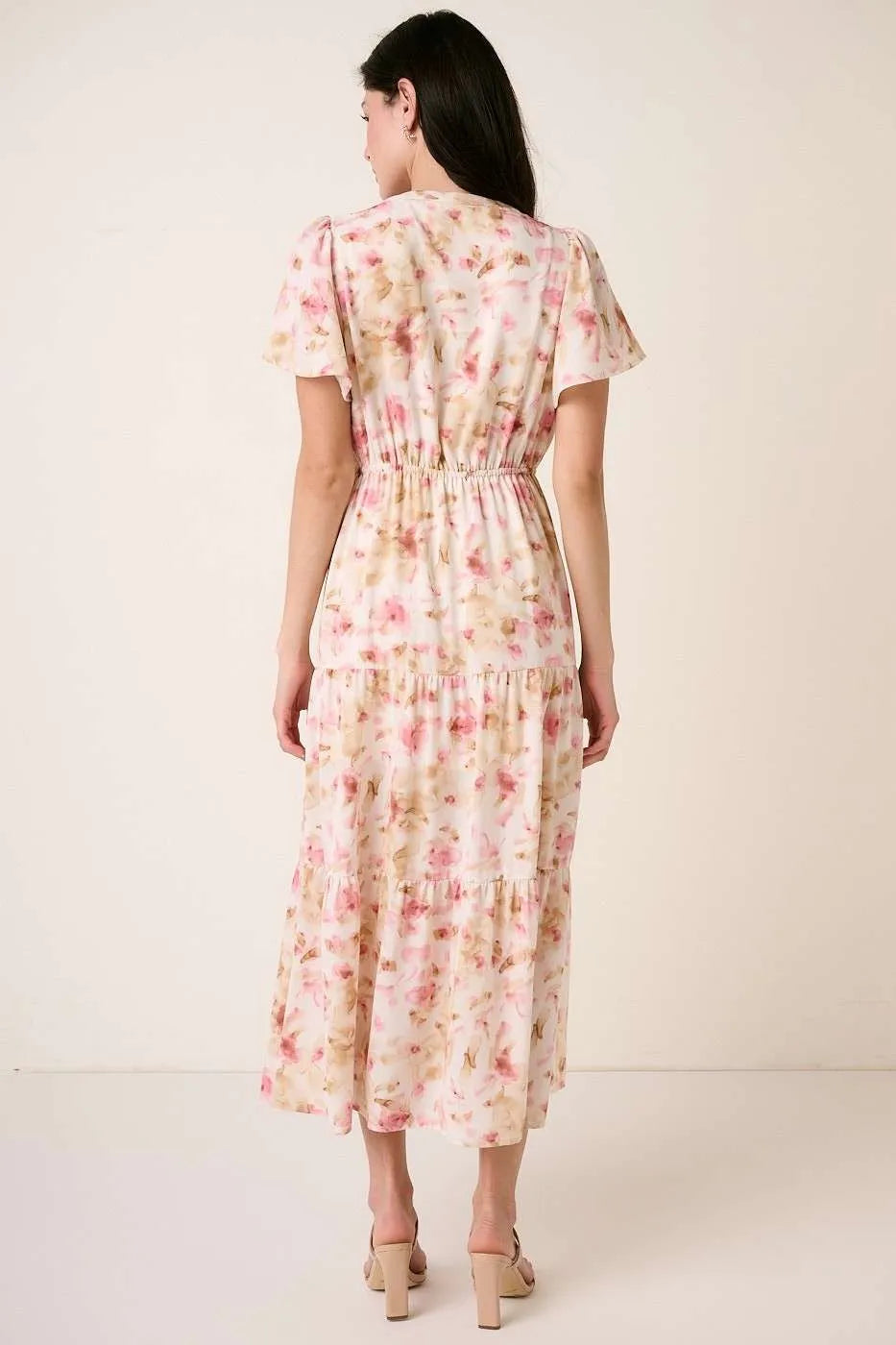 Flower Print Flutter Sleeve V Slit Maxi Dress Mittoshop
