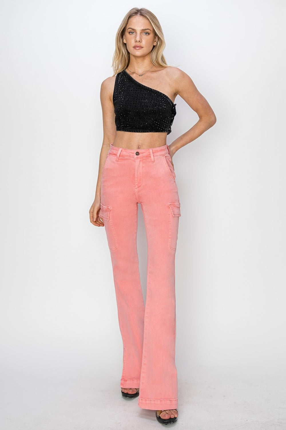 High Rise Side Slit Cargo Bootcut Jeans Risen   