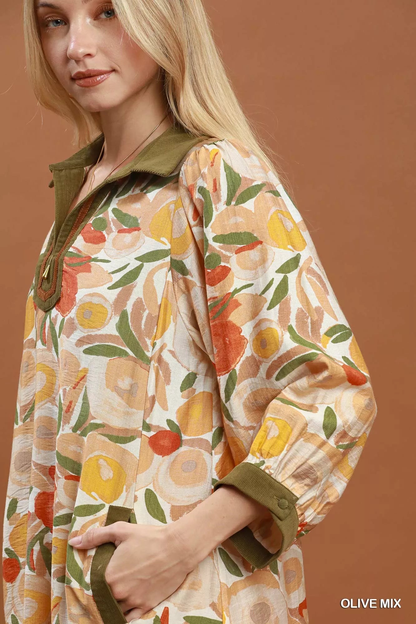 Mix Floral Contrast Trim Shift Mini Dress Umgee