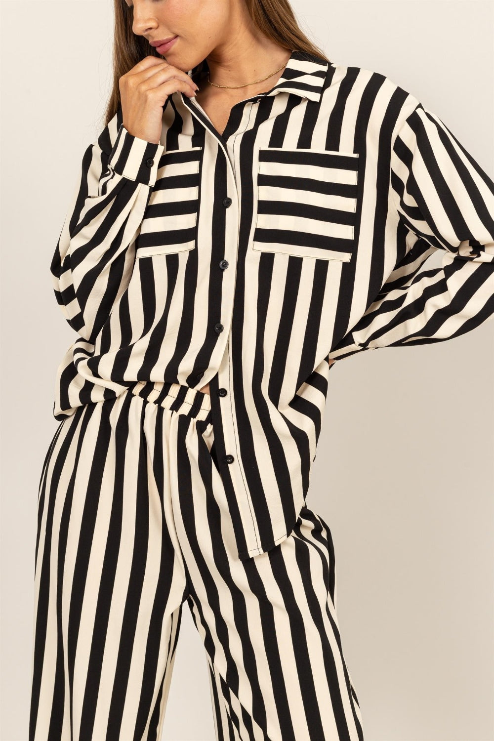 Monochrome Striped Button Shirt & Wide-Leg Pants Set HYFVE   